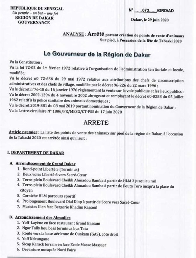 [Document] Tabaski 2020 : Le gouverneur fixe les points de vente de moutons autorisés à Dakar