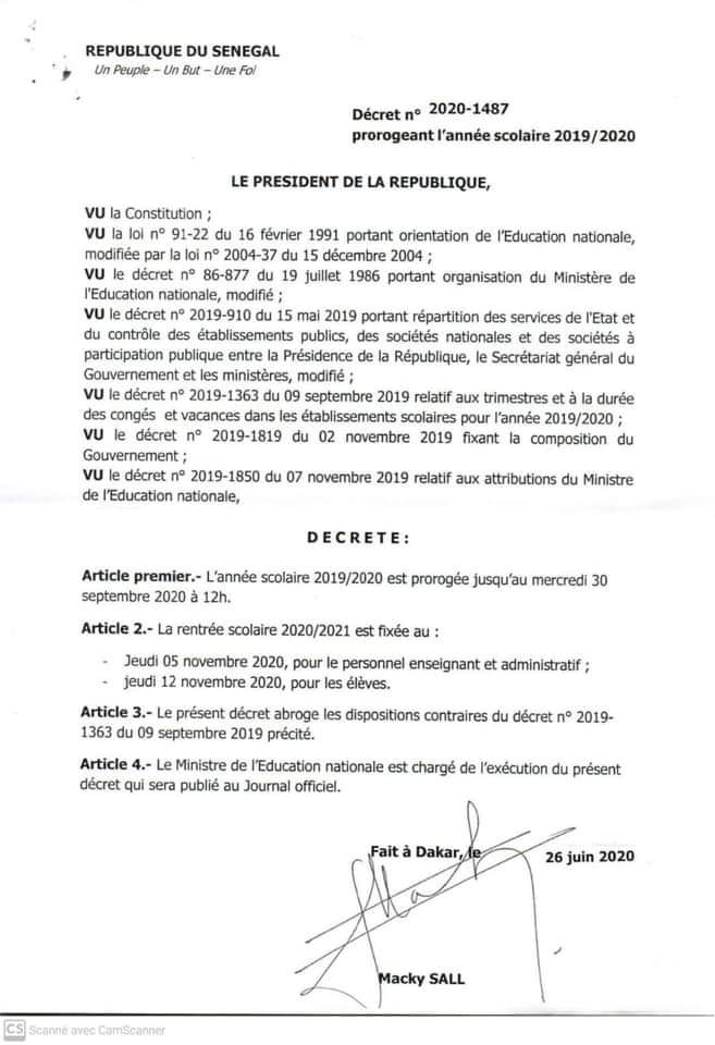 Urgent - DÉCRET PROROGEANT L'ANNEE SCOLAIRE 2019/2020
