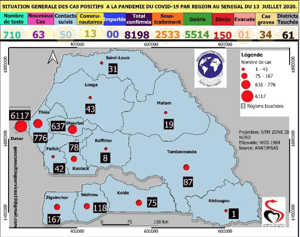 COVID-19/CARTE GEO CONSULTING SERVICES Total des cas recensés par région (à la date du 13 juillet)