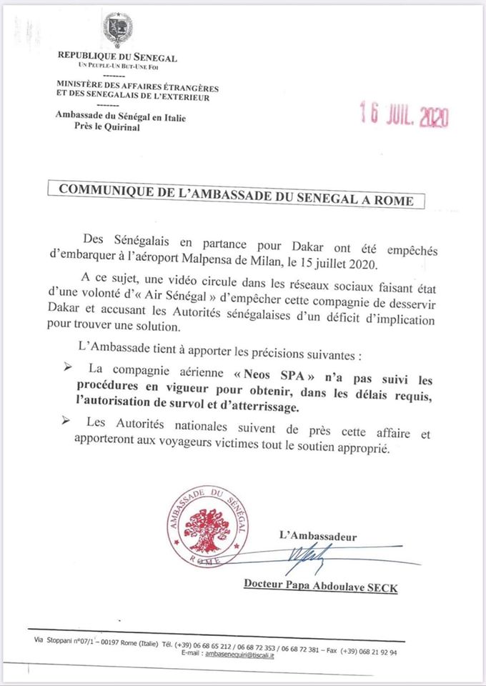 SENEGALAIS BLOQUES À L'AÉROPORT DE MILAN: Les précisons de l'ambassadeur Papa Abdoulaye Seck
