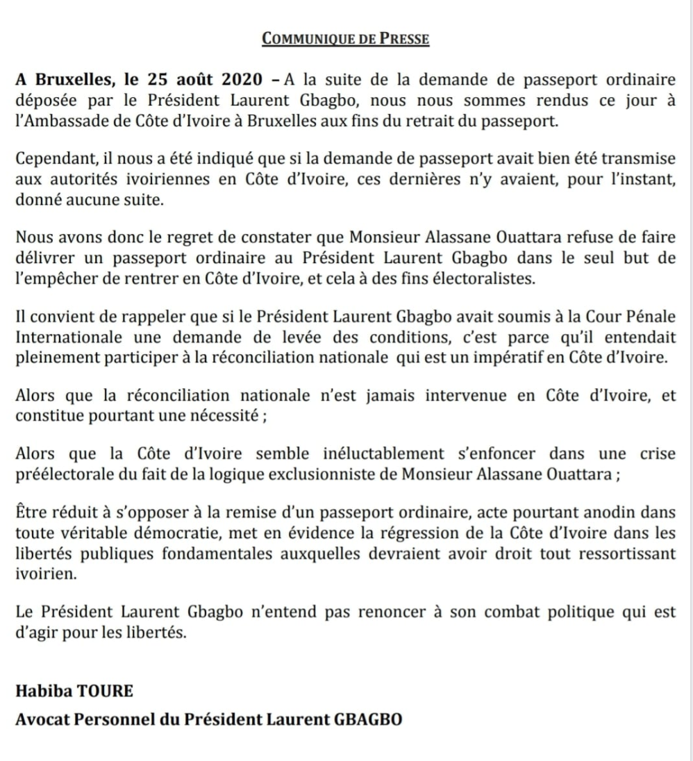 CÔTE D'IVOIRE: "Ouattara refuse de faire délivrer un passeport ordinaire à Gbagbo" (avocat)