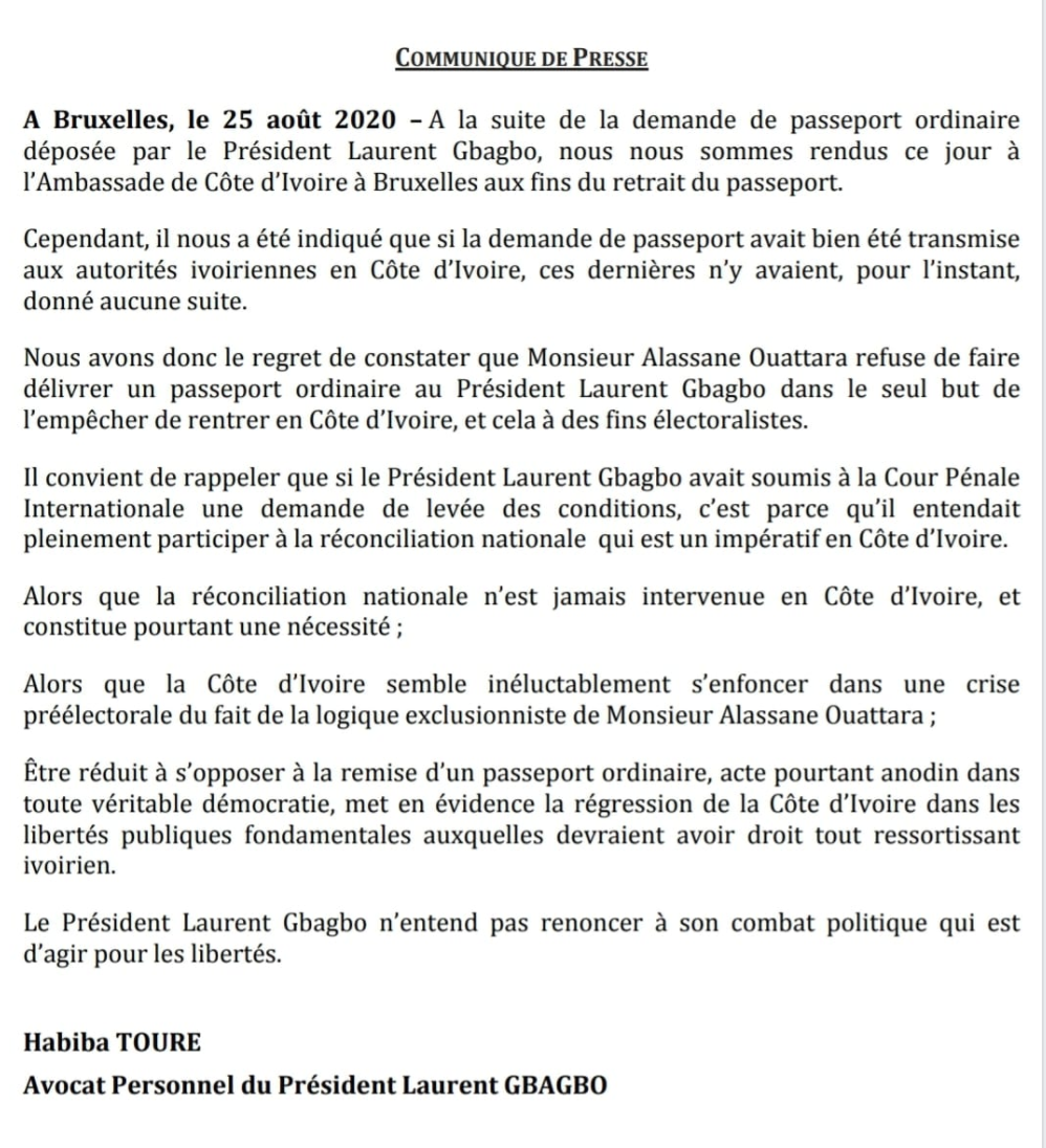 CÔTE D'IVOIRE: "Ouattara refuse de faire délivrer un passeport ordinaire à Gbagbo" (avocat) CÔTE D'IVOIRE: "Ouattara refuse de faire délivrer un passeport ordinaire à Gbagbo" (avocat)
