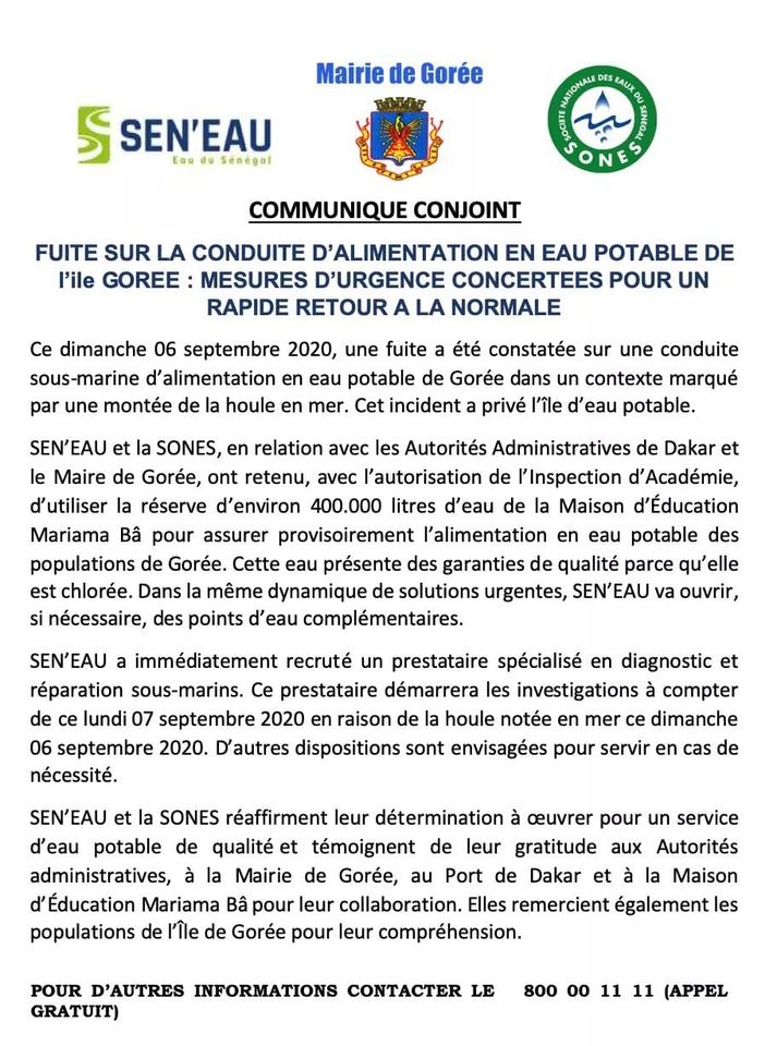 FUITE SUR UNE CONDUITE: Gorée privée d'eau