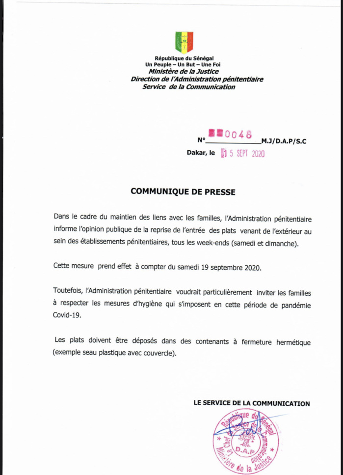 Covid-19 : L’Administration pénitentiaire permet la reprise de l’entrée des plats venant de l’extérieur au sein de la prison les week-ends. (DOCUMENT) Covid-19 : L’Administration pénitentiaire permet la reprise de l’entrée des plats venant de l’extérieur au sein de la prison les week-ends. (DOCUMENT)
