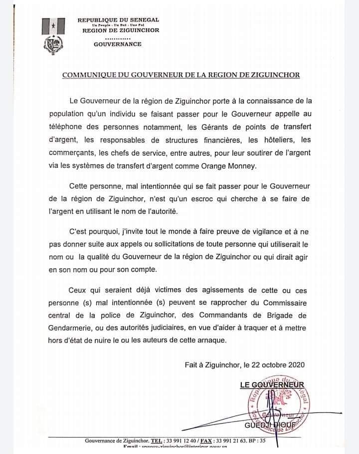 ALERTE ESCROQUERIE :Un individu se fait passer pour le gouverneur de Ziguinchor