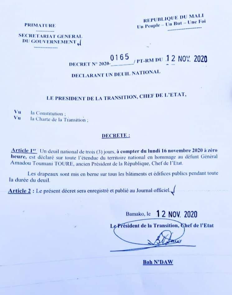 Deuil national de 72 h au Mali suite au décès du Général Amadou Toumani Touré (document)