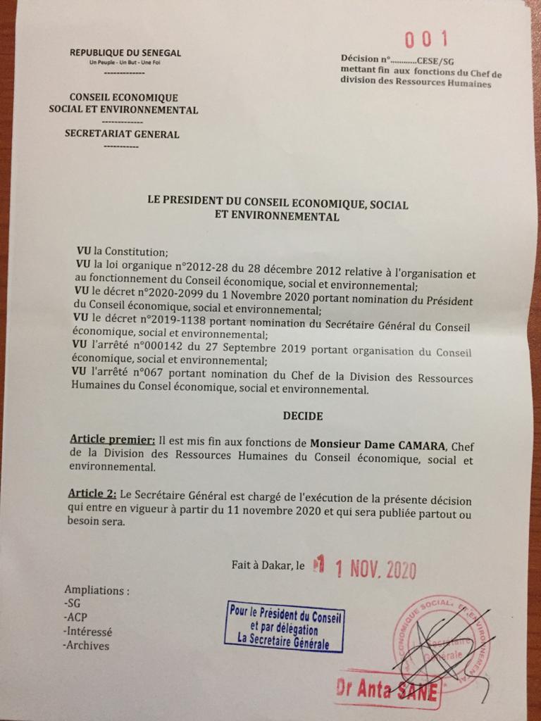 CESE : Idy met fin aux fonctions du DRH et du DAF (documents)