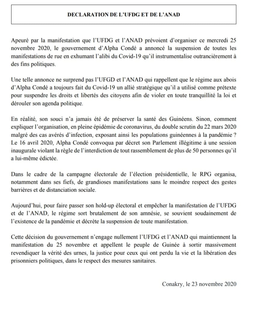 GUINÉE/MANIFESTATION DU 25 NOVEMBRE Cellou Dalein Diallo et Cie ne lâchent rien