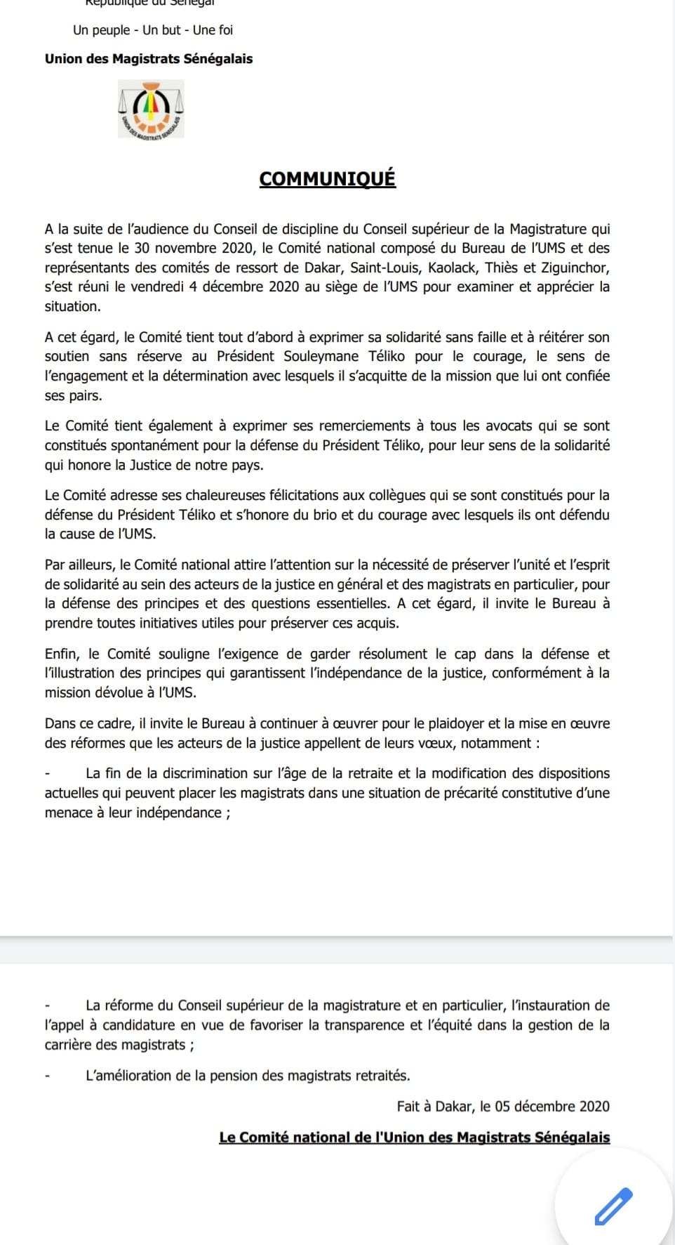 APRÈS LE BLÂME INFLIGÉ À TELIKO L'Ums se prononce