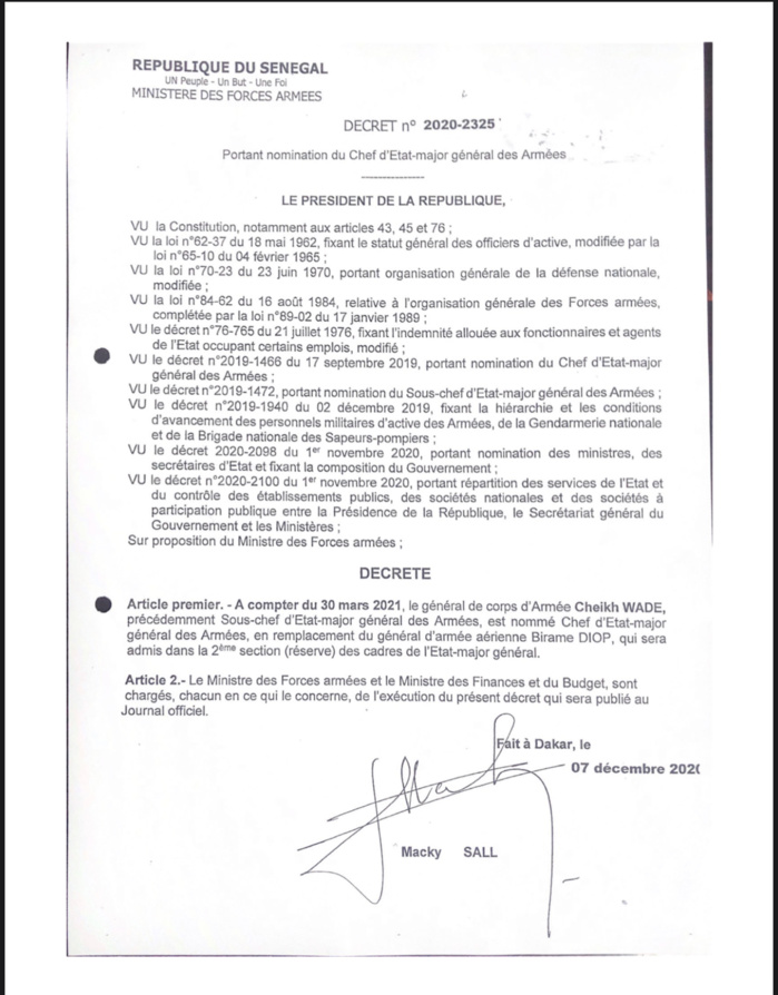 ARMÉE SÉNÉGALAISE : Le Général Cheikh Wade nommé CEMGA. (DÉCRET)