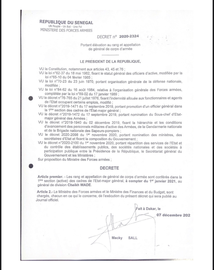 ARMÉE SÉNÉGALAISE : Le Général Cheikh Wade nommé CEMGA. (DÉCRET)