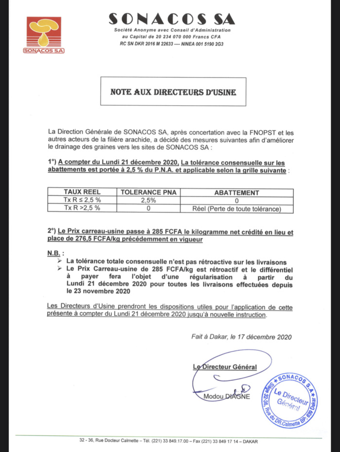 Voici la note de la Sonacos portant augmentation du prix carreau-usine de 276,5 à 285 Fcfa (DOCUMENT).