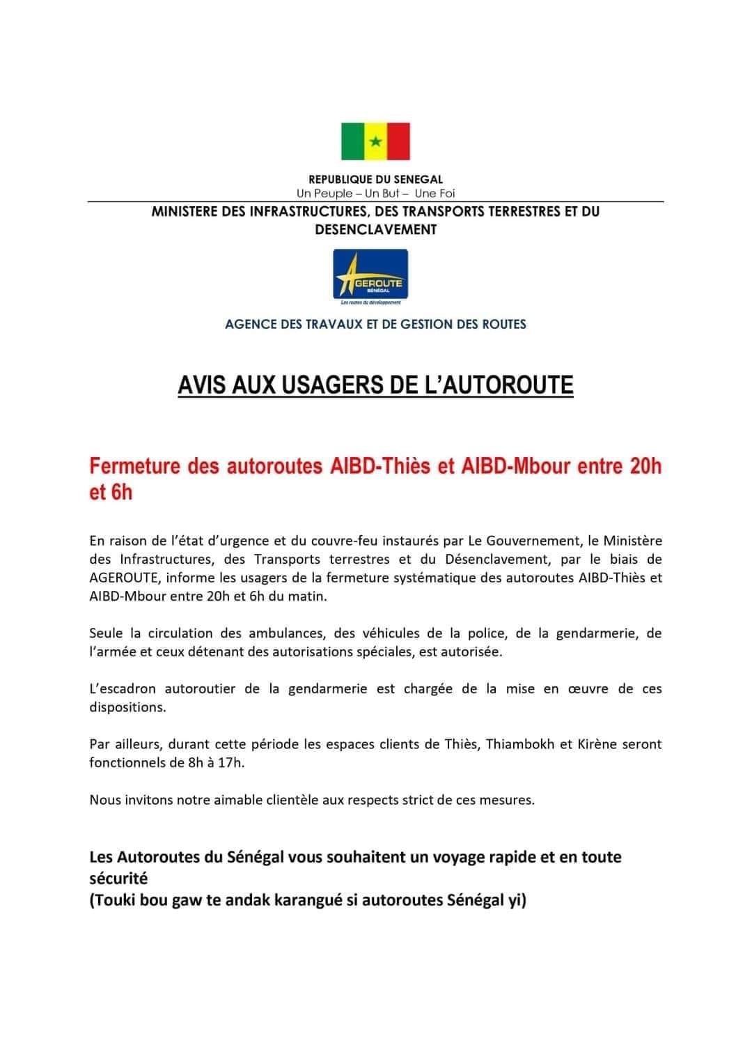 COUVRE-FEU/AUTOROUTE:  Les axes Aibd- Thiès et Aibd-Mbour fermés entre 20 et 6 heures