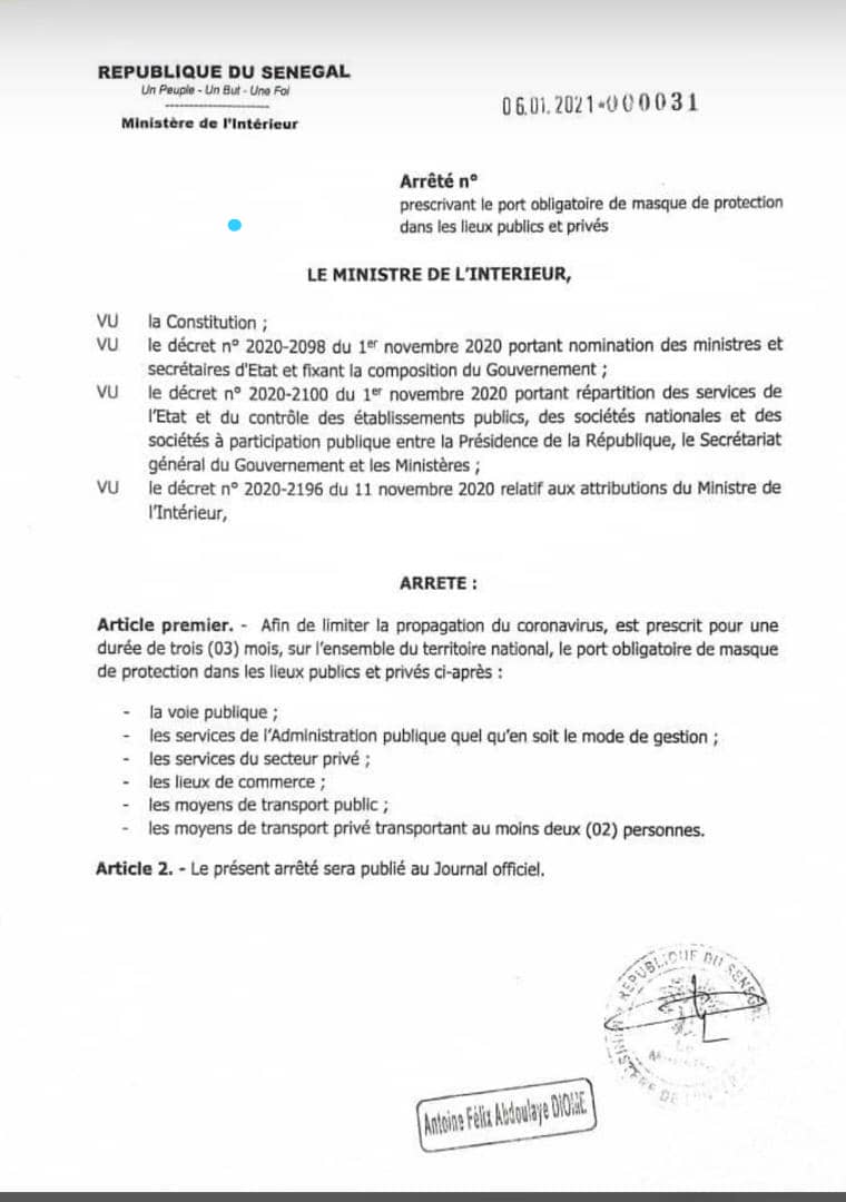Etat d'urgence assorti de couvre feu- Voici l'arrêté du ministre de l'Intérieur, Antoine Diome
