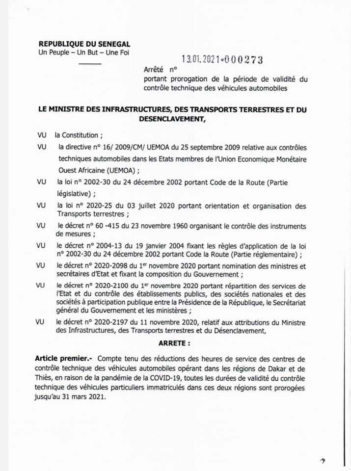 DAKAR/THIÈS/CONTRÔLE TECHNIQUE:  Les durées de validité prorogées jusqu'au 31 mars 2021 pour les véhicules particuliers