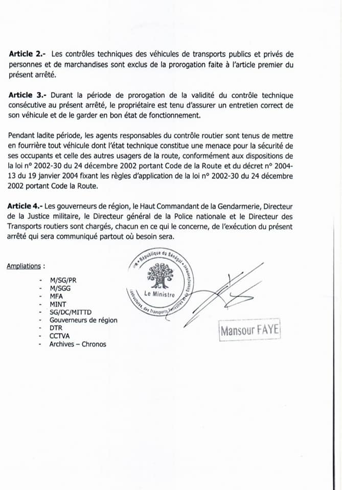 DAKAR/THIÈS/CONTRÔLE TECHNIQUE:  Les durées de validité prorogées jusqu'au 31 mars 2021 pour les véhicules particuliers