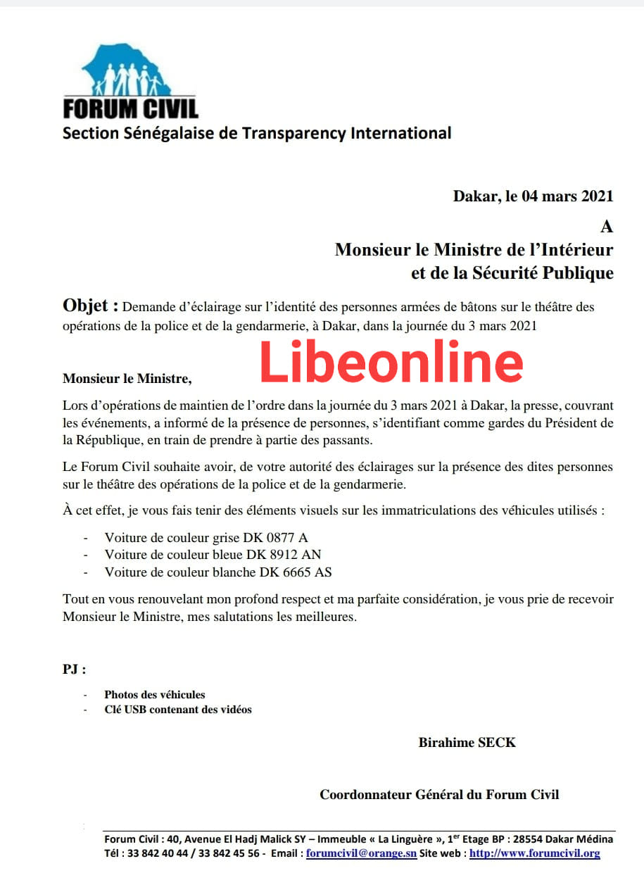 AFFAIRE DES NERVIS:  Le Forum civil interpelle le ministre de l'Intérieur