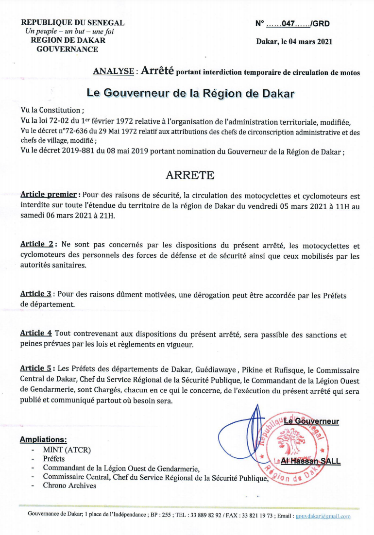 Urgent- La circulation des motocyclettes interdite aujourd'hui et demain (arrêtés)