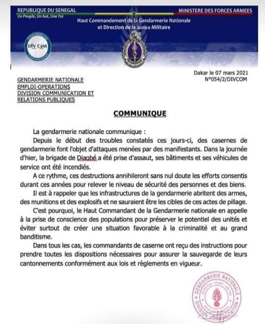 Attaques des brigades de gendarmerie- La maréchaussée appelle à la prise de conscience des populations (communiqué)