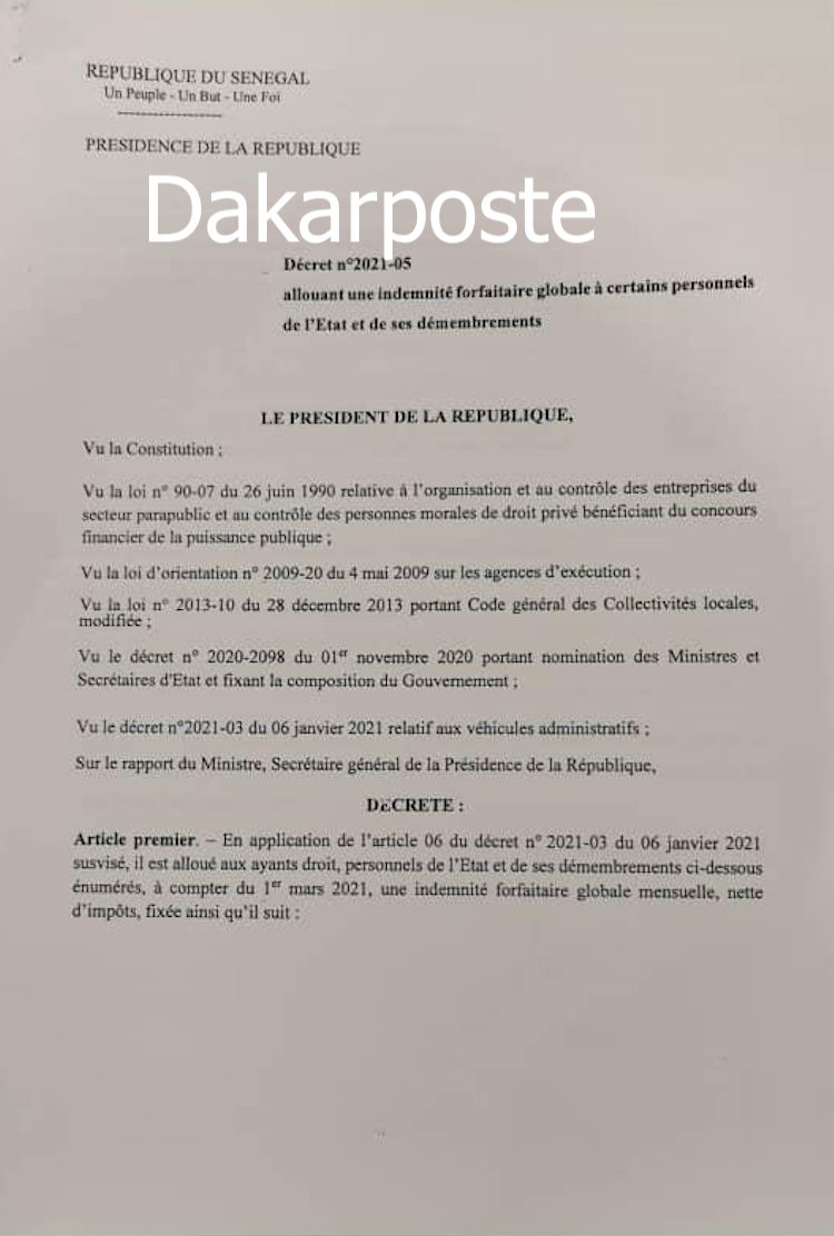 URGENT- Le Pr Macky Sall alloue une indemnité forfaitaire à certains personnels de l'Etat et...(DÉCRET) URGENT- Le Pr Macky Sall alloue une indemnité forfaitaire à certains personnels de l'Etat et...(DÉCRET)