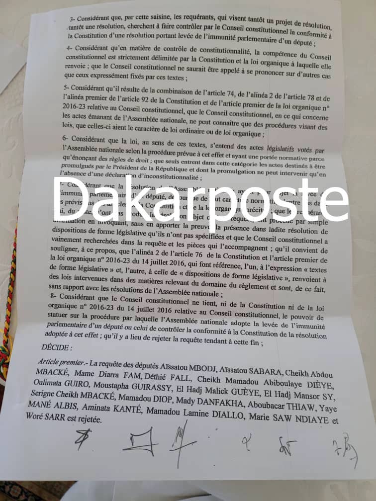 EXCLUSIVITÉ DAKARPOSTE ! Le Conseil Constitutionnel rejette le recours des députés de l'opposition pour l’annulation de la levée de l’immunité d’Ousmane Sonko (DOCUMENT)