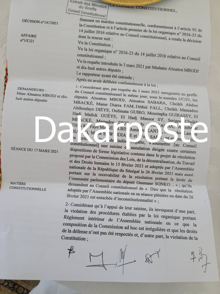 EXCLUSIVITÉ DAKARPOSTE ! Le Conseil Constitutionnel rejette le recours des députés de l'opposition pour l’annulation de la levée de l’immunité d’Ousmane Sonko (DOCUMENT)