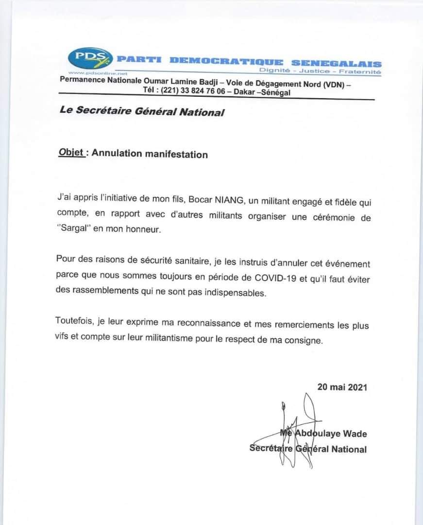DERNIÈRE MINUTE- Me Abdoulaye Wade annule la cérémonie "Sargal" initialement prévue pour lui rendre hommage (DOCUMENT)