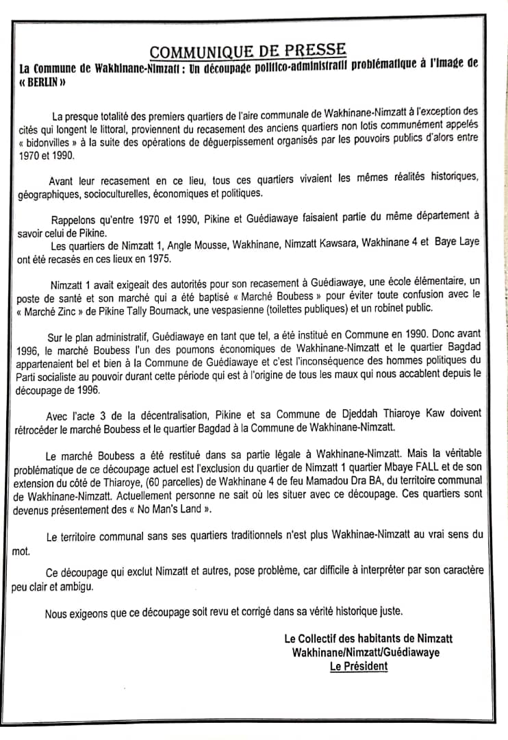 Guédiawaye scindé en deux arrondissements- Les populations de Wakhinan-Nimzatt ruent dans les brancards (document)