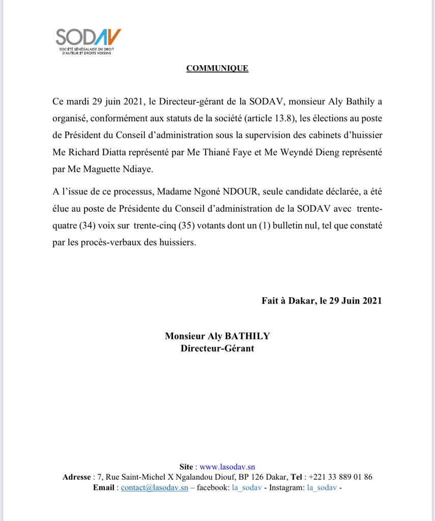 URGENT- Ngoné Ndour réélue  Pca de la Sodav