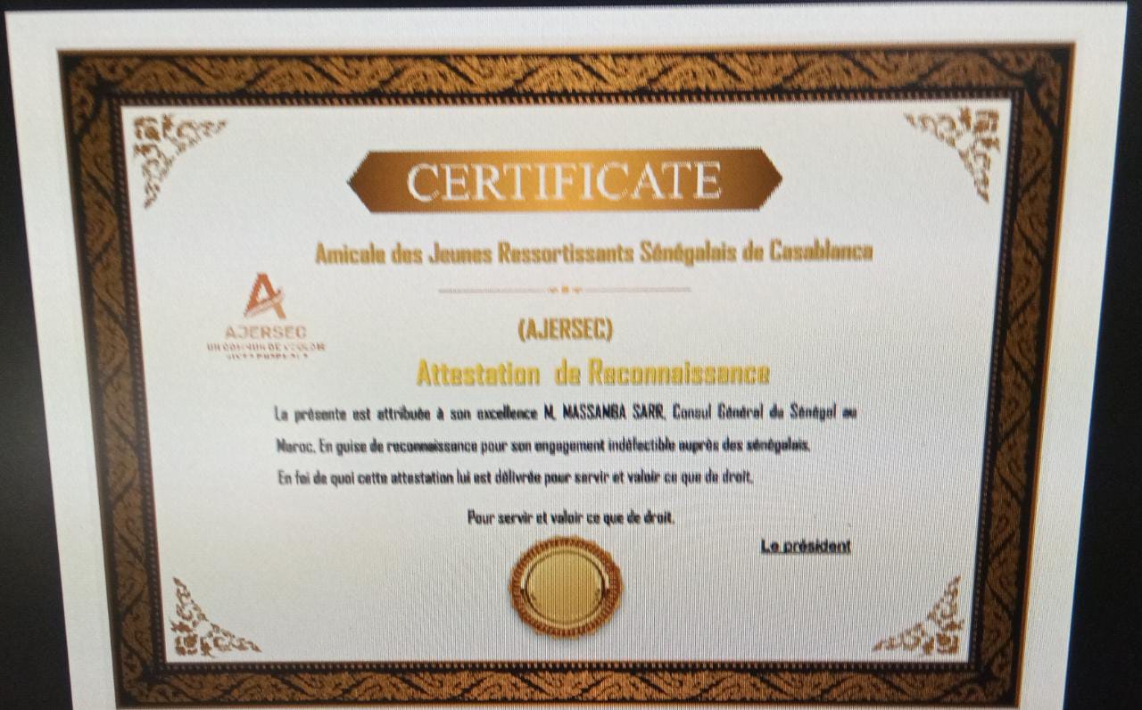 Le Consul du Sénégal à Casablanca, Massamba Sarr, honoré par l'Amicale des Jeunes Ressortissants Sénégalais