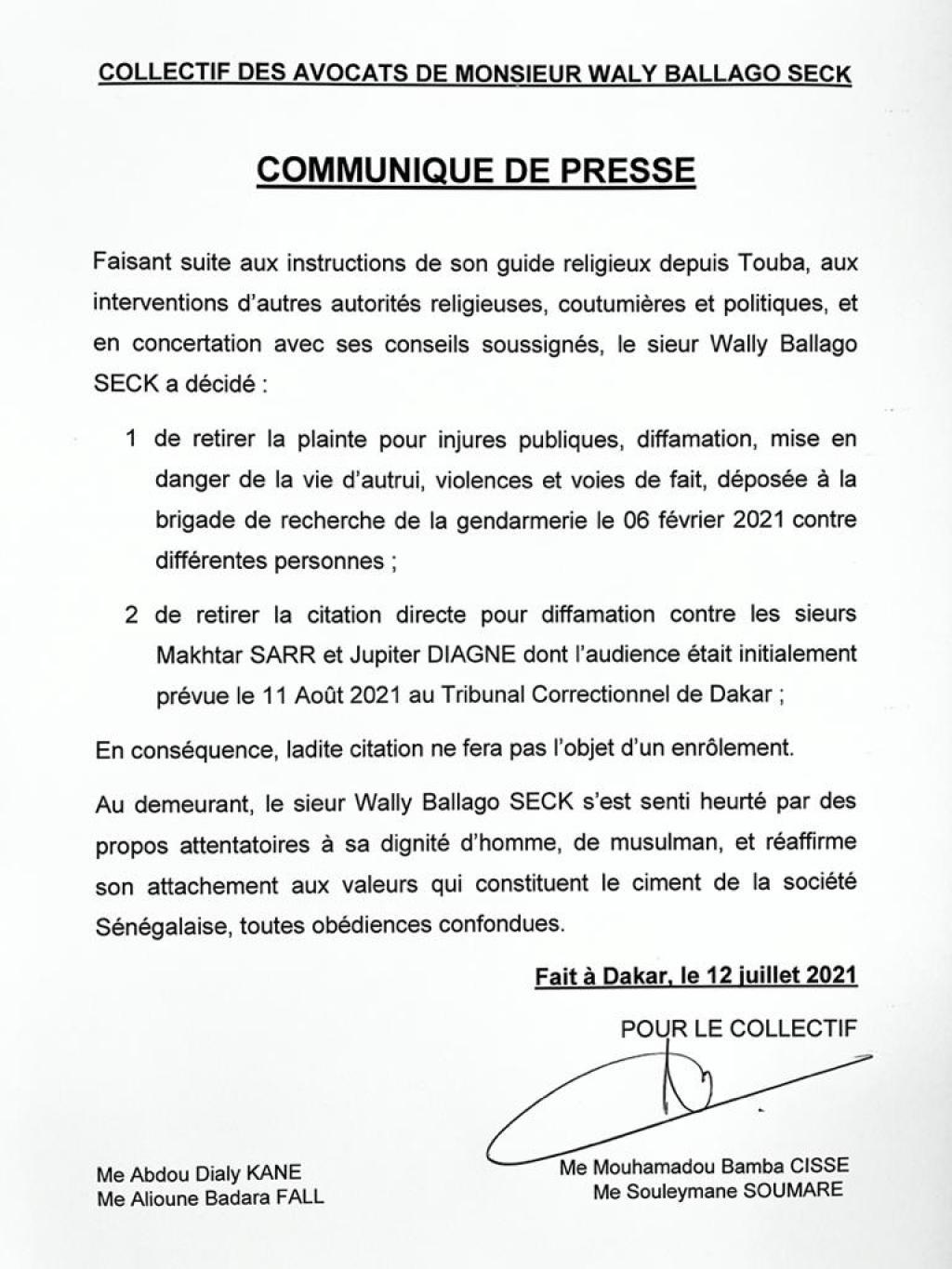 Intervention de son guide religieux, plainte retirée… : les avocats de Wally s’explique