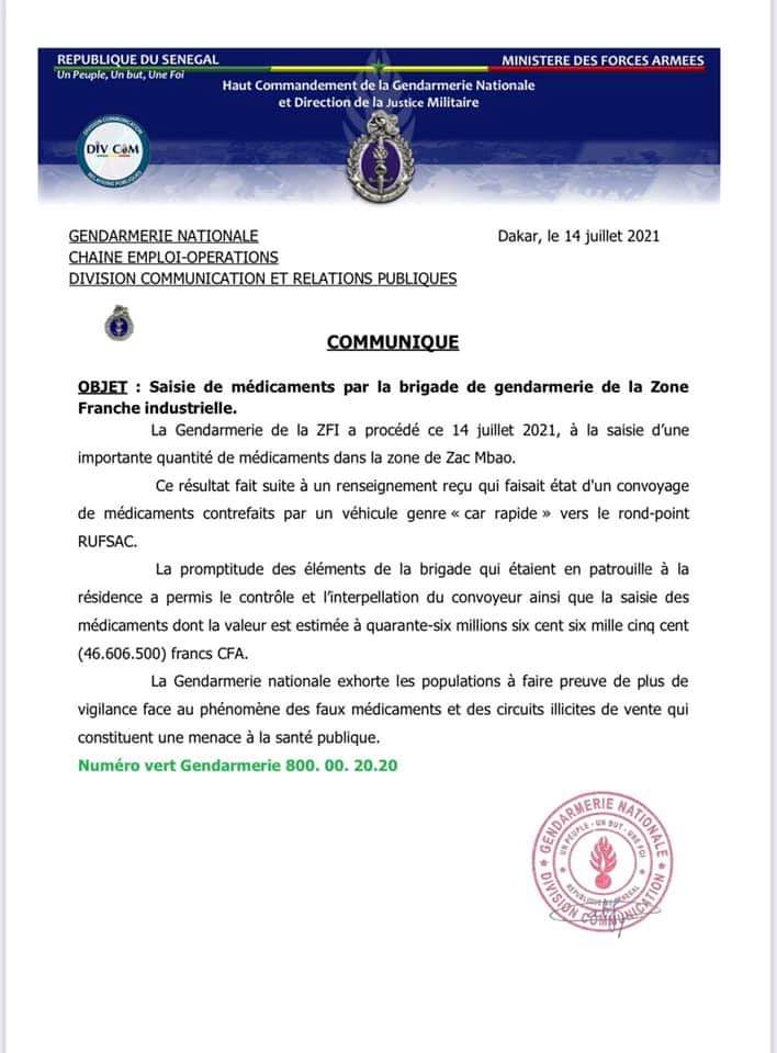 Saisie de médicaments d’une valeur de 46 millions par la brigade de gendarmerie Zone franche industrielle