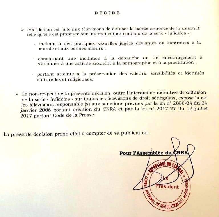 Voici la décision portant interdiction de diffusion de la bande annonce de la saison 3 de la série "Infidèles"