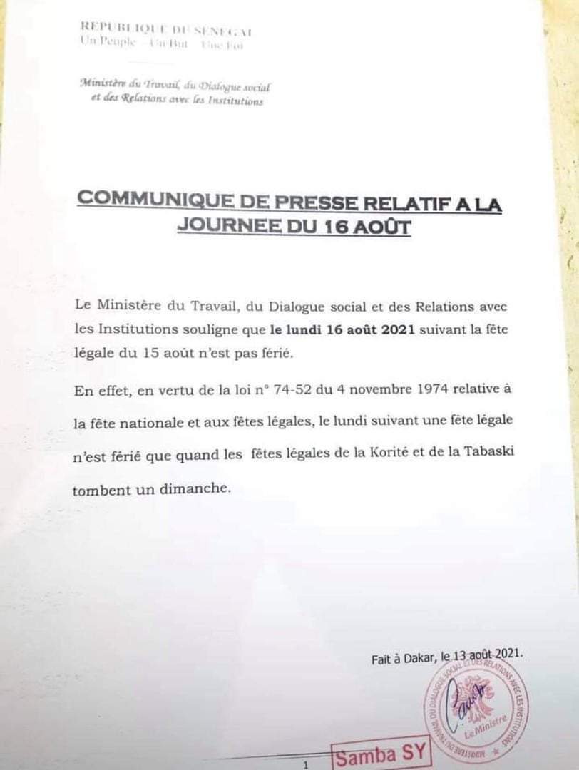 URGENT - Le Lundi 16 Août 2021 n'est pas férié  (DOCUMENT OFFICIEL)