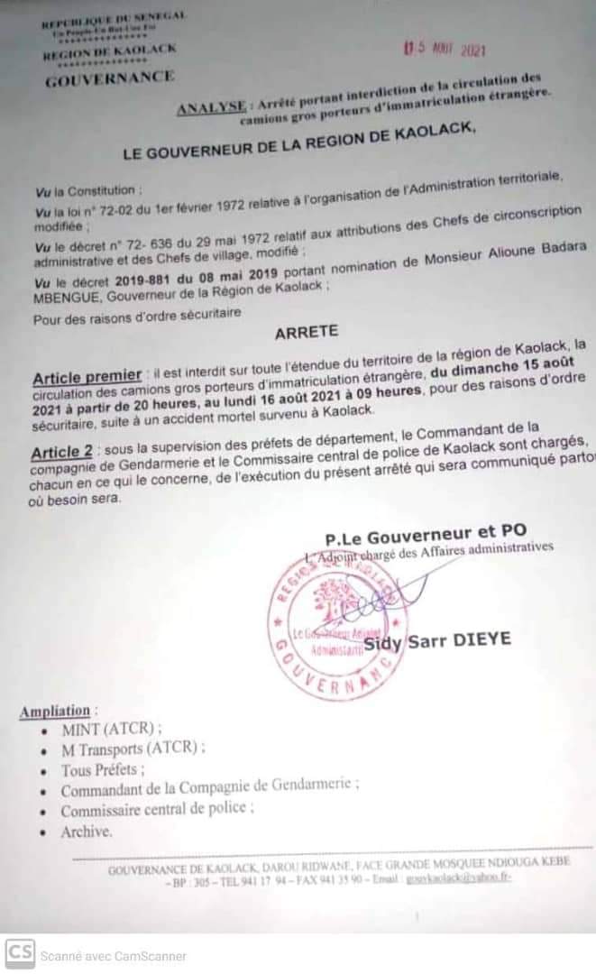 Kaolack: interdiction de circulation des gros porteurs d'immatriculation étrangère jusqu'à demain 9h ( arrêté)