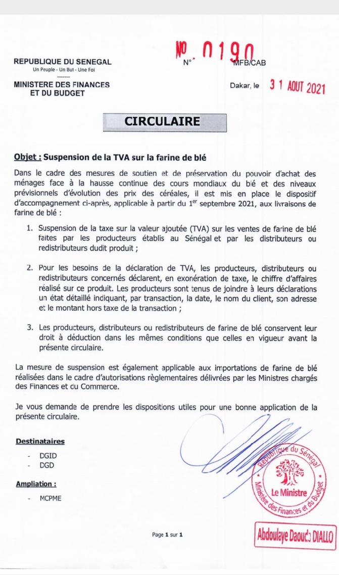 Suspension de la TVA sur la farine de blé (ministère des Finances)