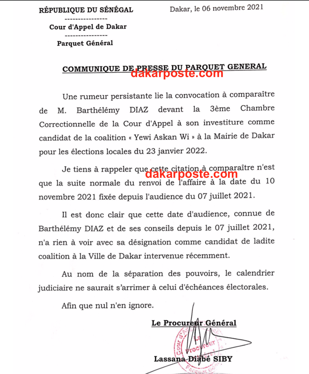 Polémique suite à la convocation de Barthélémy Dias devant le juge de la Cour d'Appel, mercredi 10 novembre 2021- La mise au point du Procureur Général, Lansana Diaby