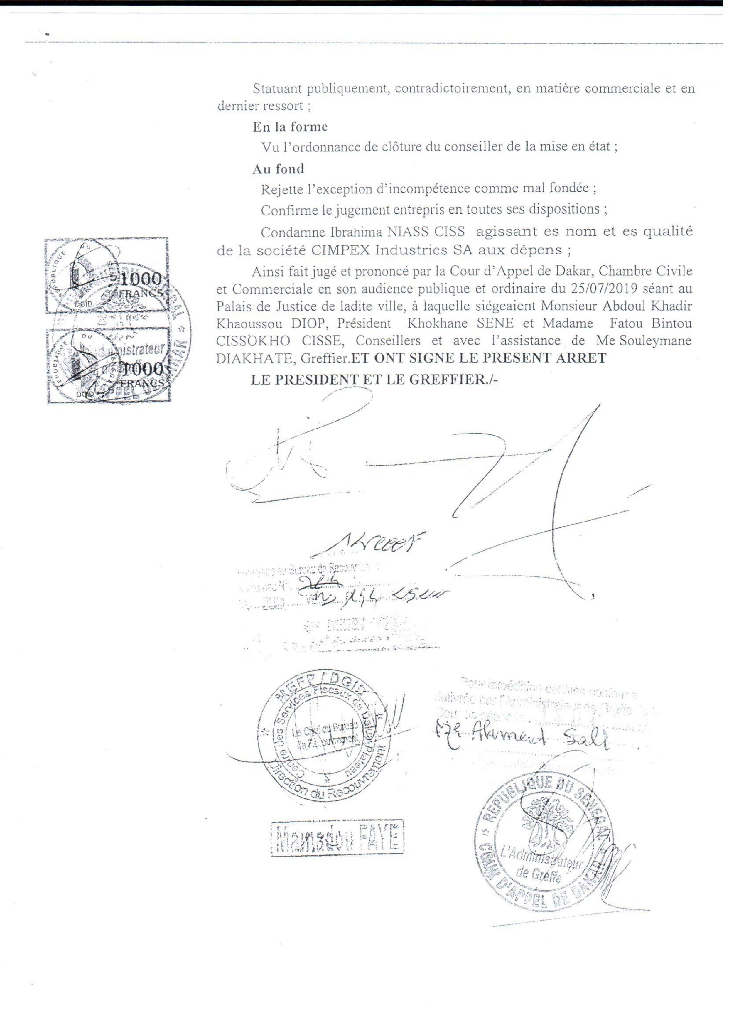 Voici le document qui confirme la condamnation de Baye Ciss par la Cour d'Appel de Dakar !