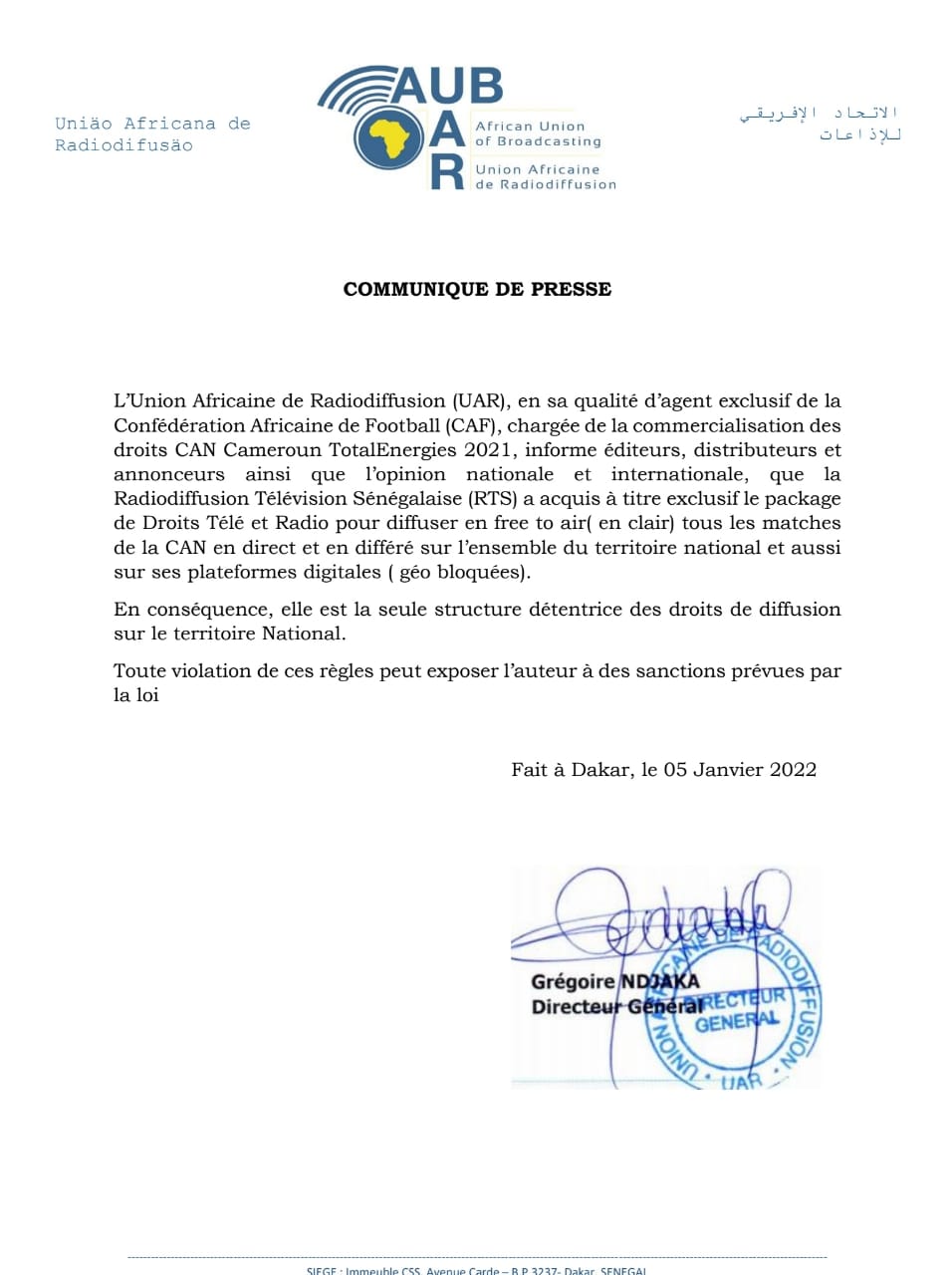 Droits de diffusion-CAN: la Rts casque 1,2 milliard de francs Cfa et... menace les pirates
