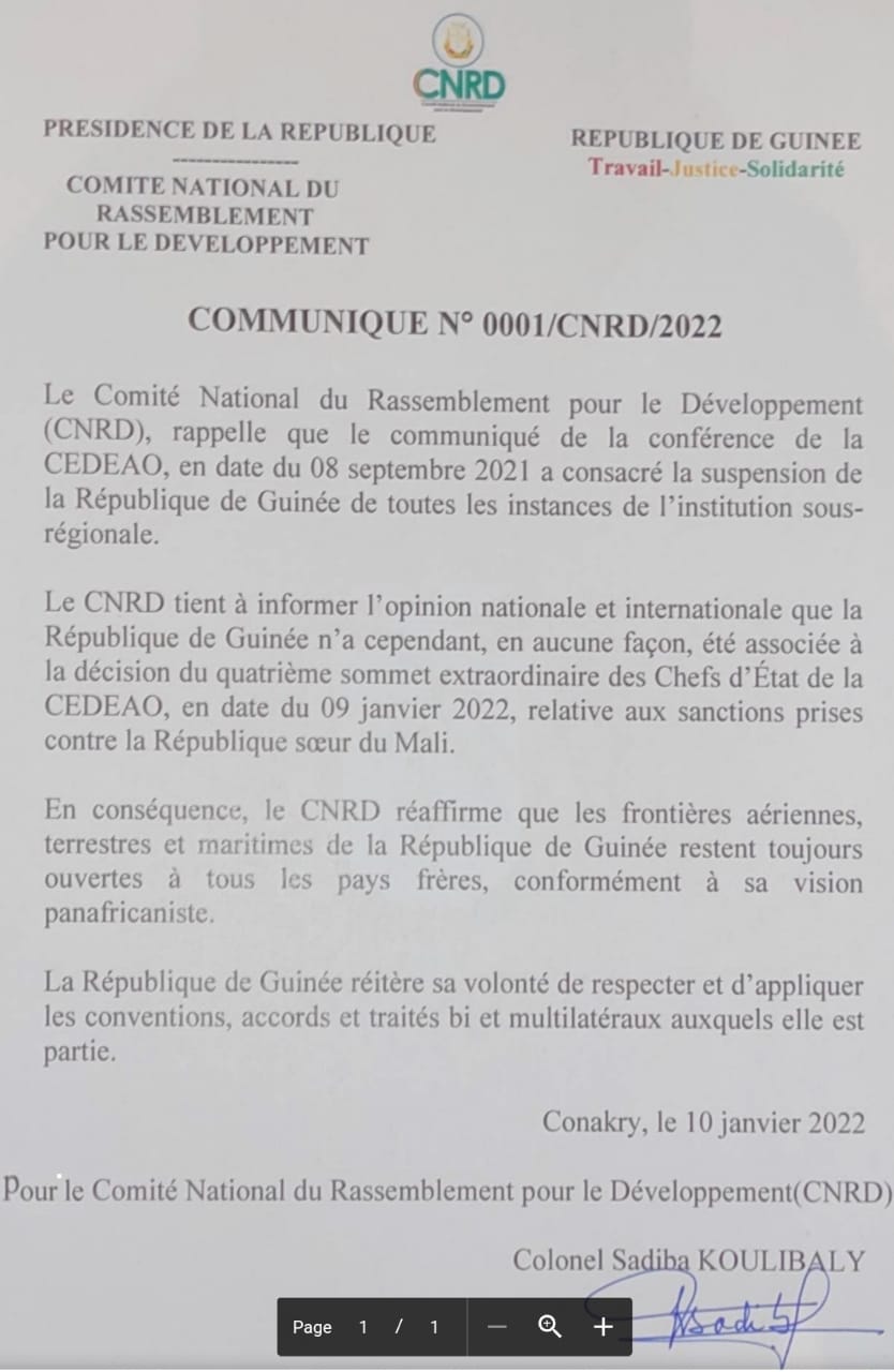 Urgent : la Guinée refuse les sanctions de la CEDEAO contre le Mali ! « Nos frontières sont ouvertes », (CNRD)