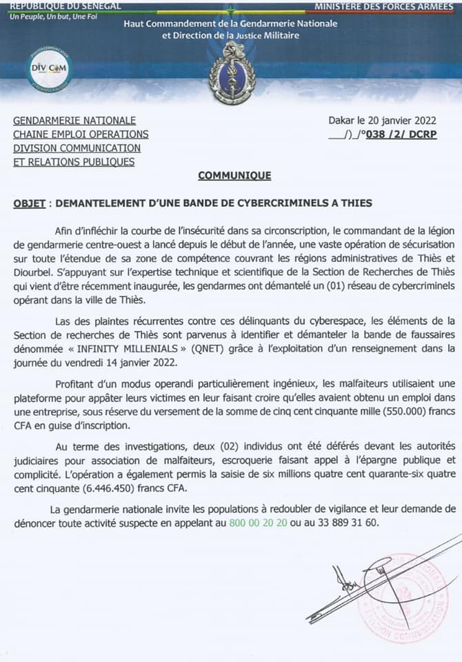 Urgent- Démantèlement d'une bande de cybercriminels à Thiès