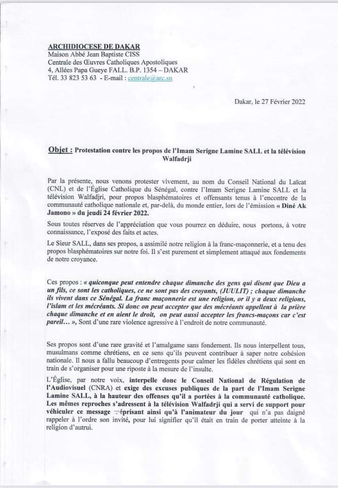 Communiqué de l'archidiocèse de Dakar