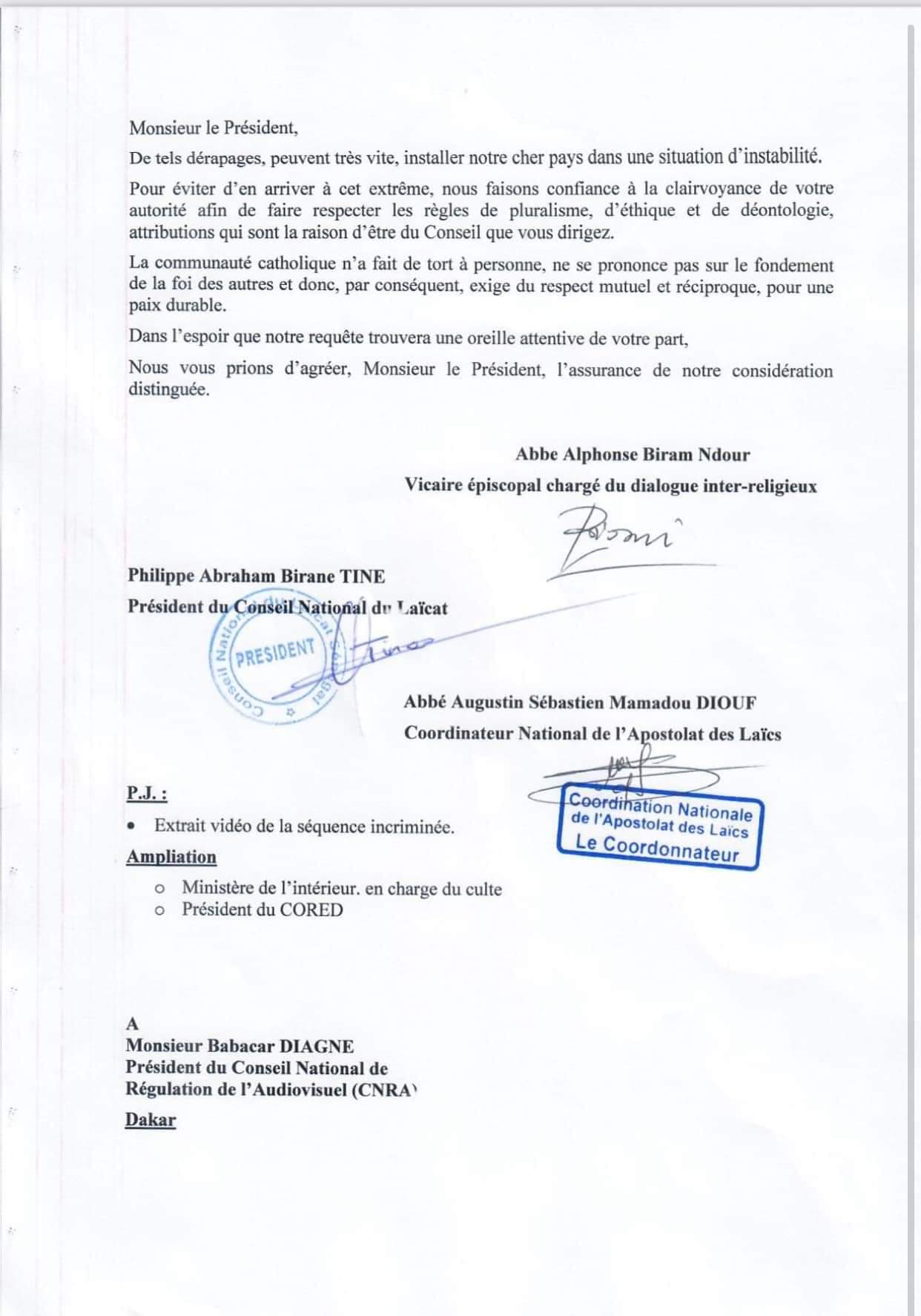 Communiqué de l'archidiocèse de Dakar