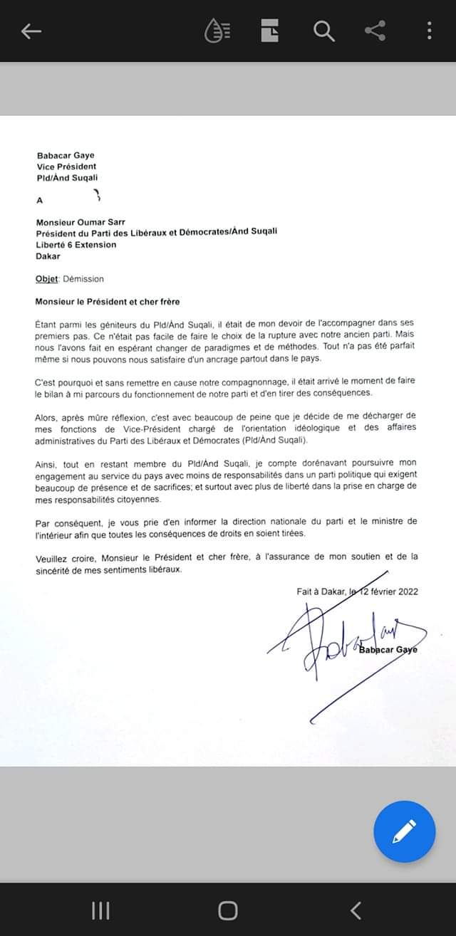 Coup de théâtre !!! L'ancien ministre, Babacar Gaye, qui avait quitté le PDS pour créer AND SUQALI SOPI avec Oumar Sarr et Me Amadou Sall ,... démissionne !