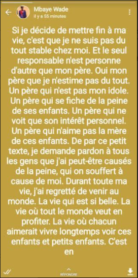 Étudiant retrouvé pendu à Pikine : Mbaye Wade, dans une lettre d'adieu, accable son père