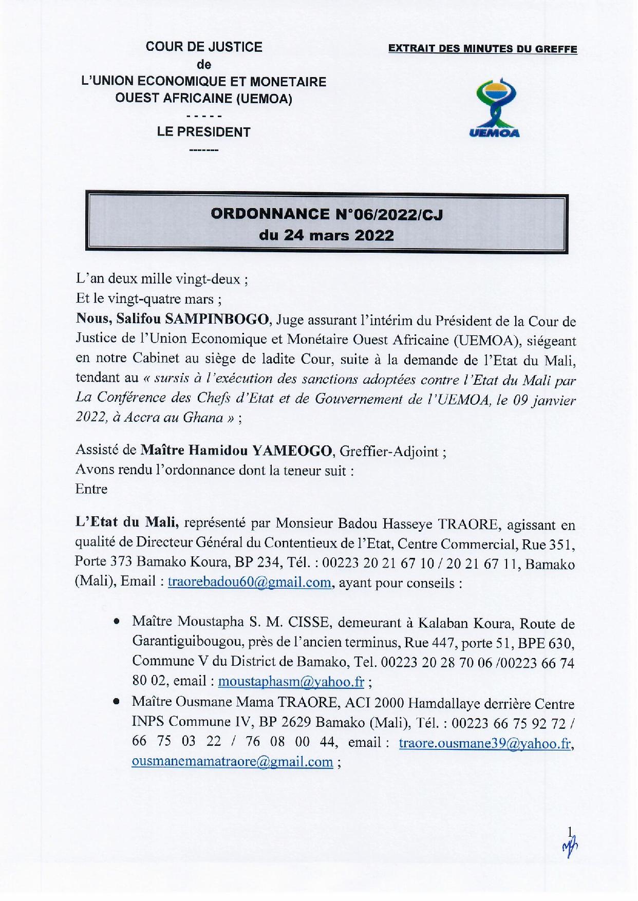 Mali : suspension des sanctions adoptées contre le Mali par les Chefs d’État de l'Uemoa (Document)