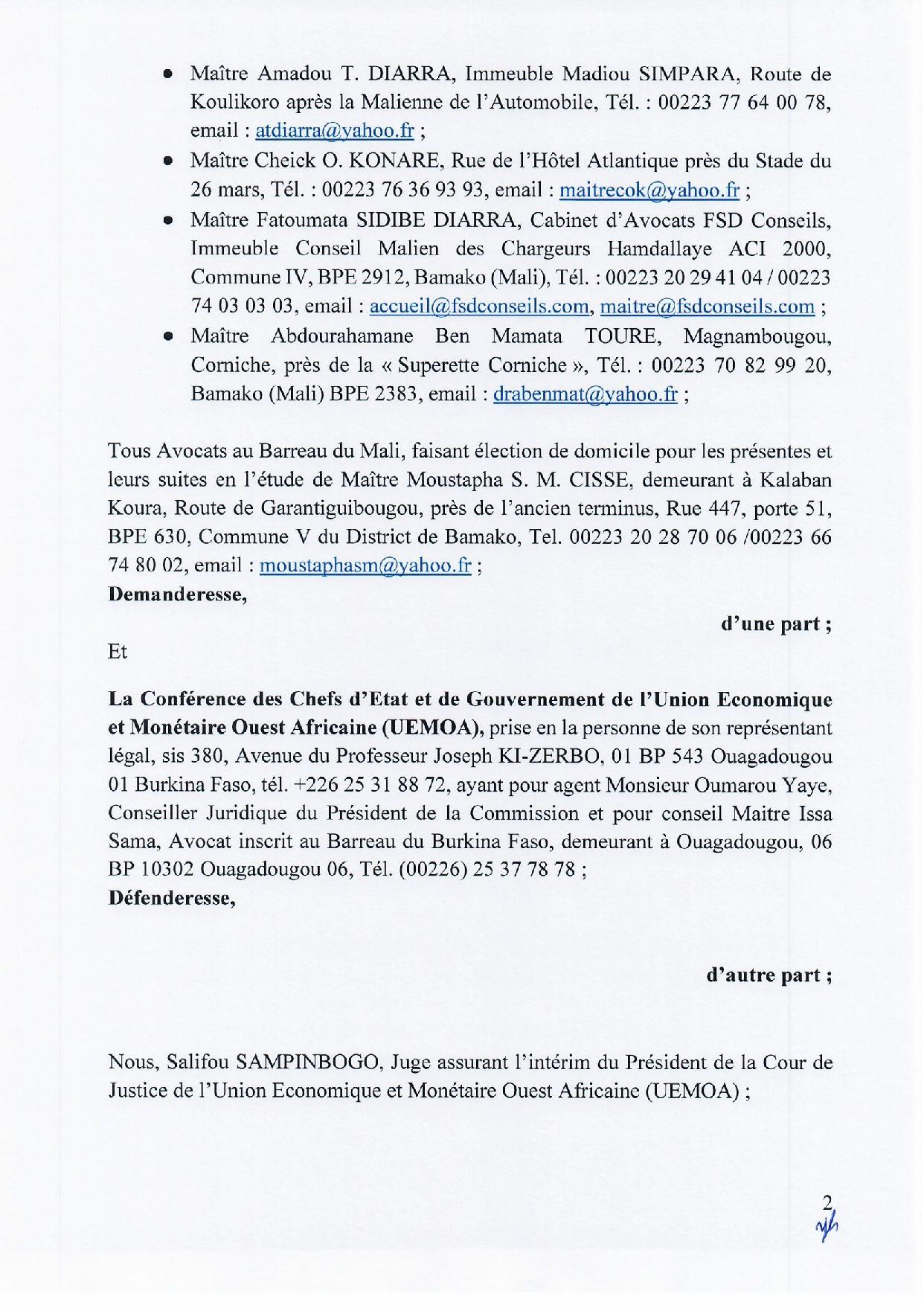 Mali : suspension des sanctions adoptées contre le Mali par les Chefs d’État de l'Uemoa (Document)