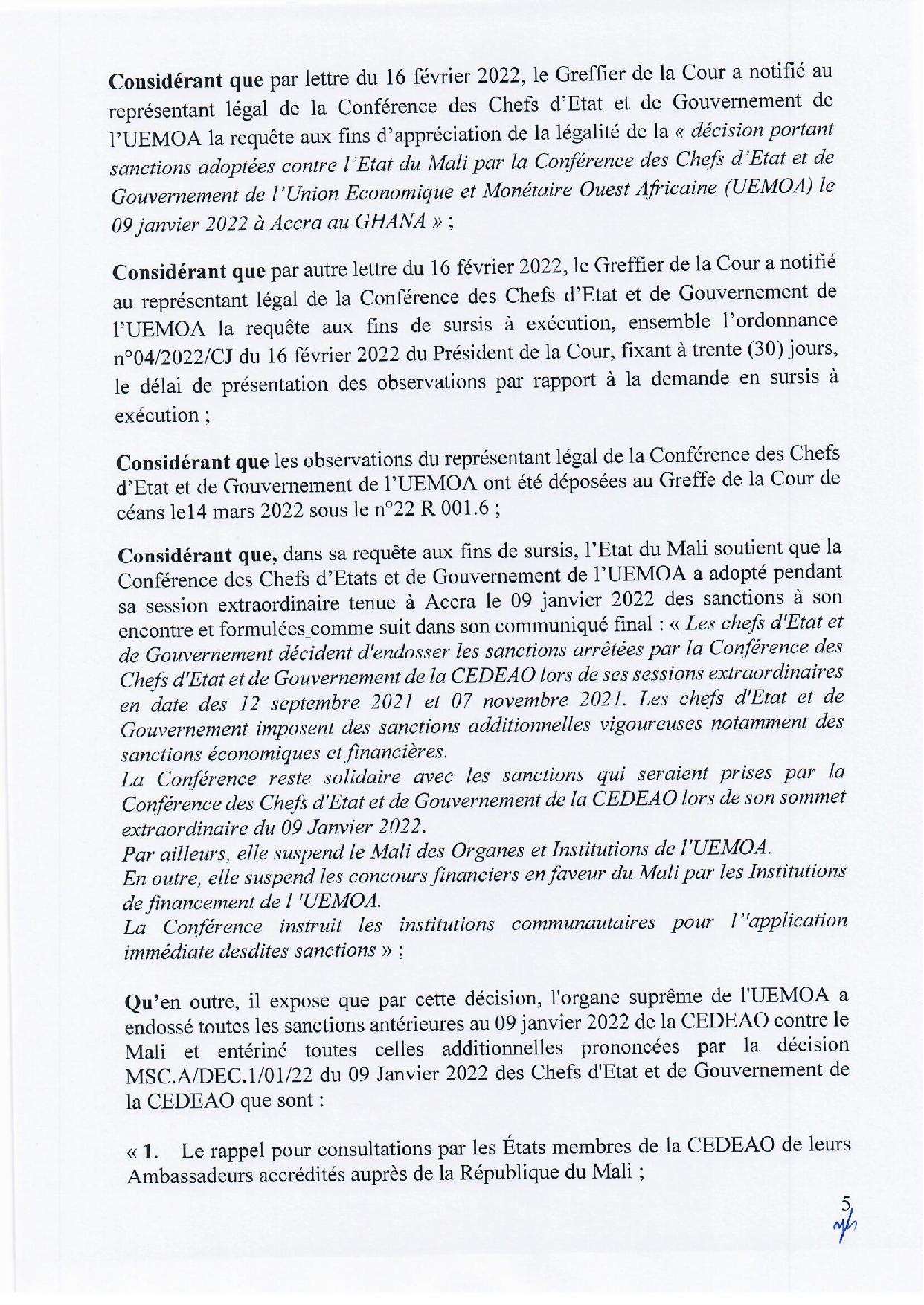 Mali : suspension des sanctions adoptées contre le Mali par les Chefs d’État de l'Uemoa (Document)