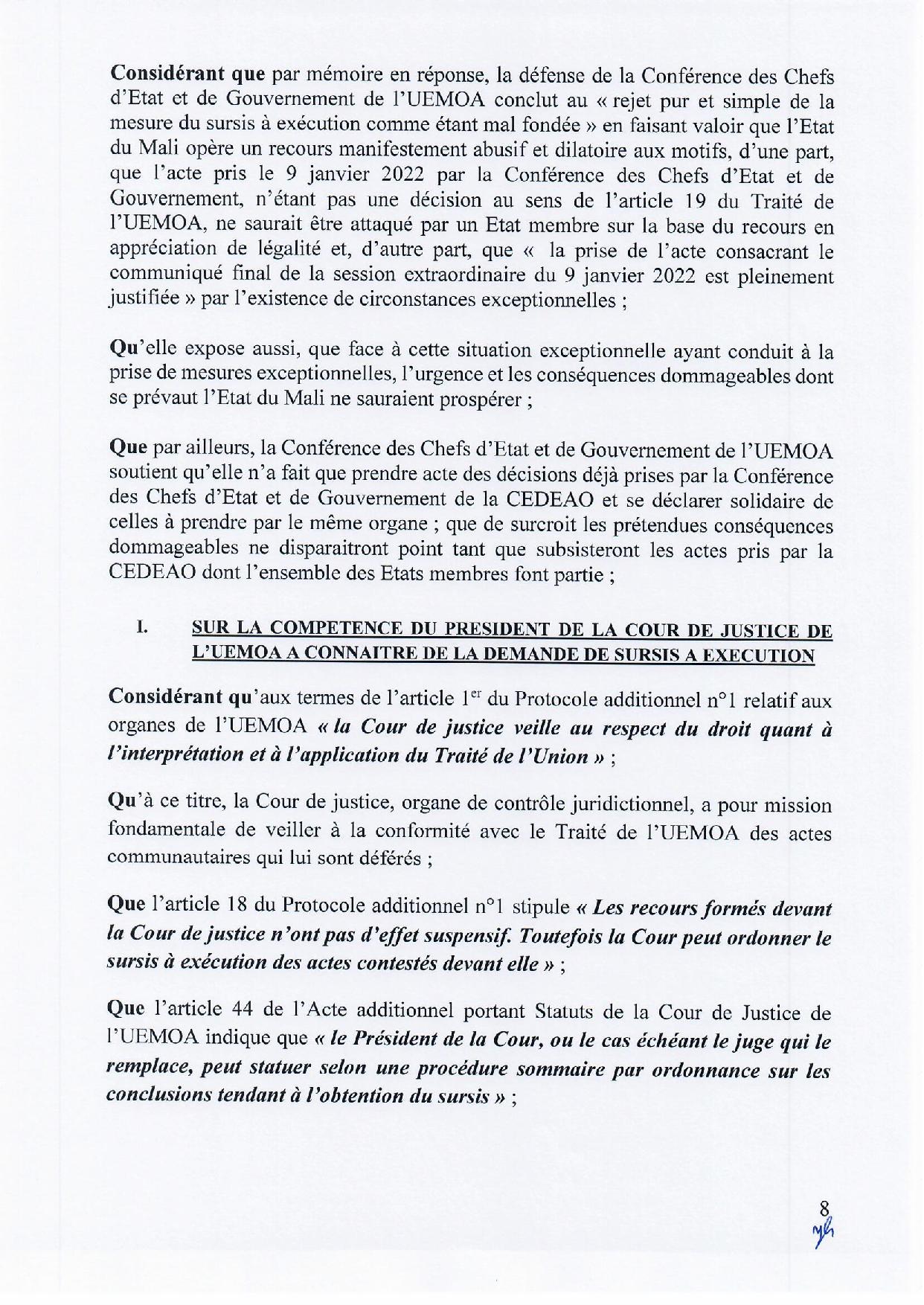 Mali : suspension des sanctions adoptées contre le Mali par les Chefs d’État de l'Uemoa (Document)