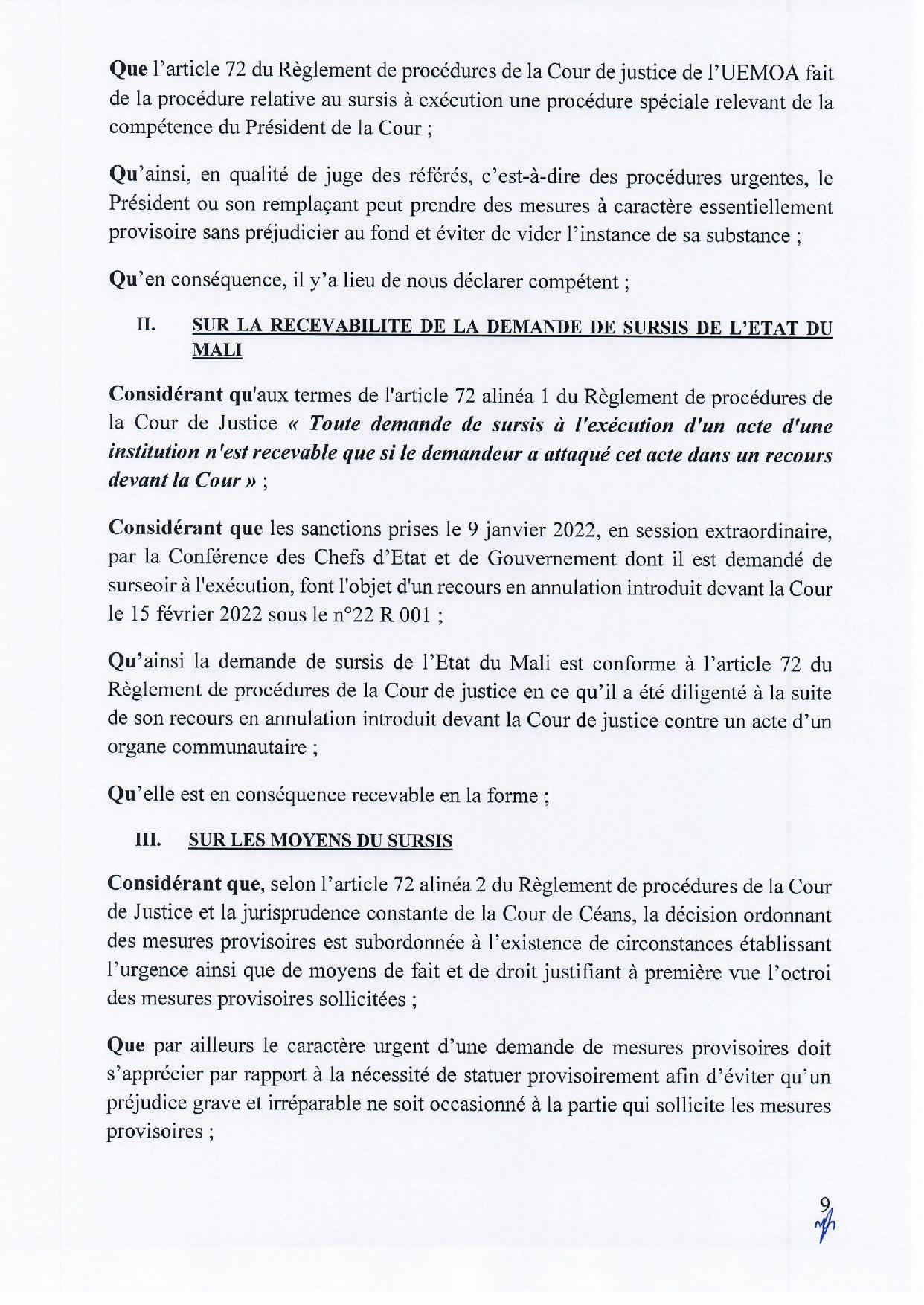 Mali : suspension des sanctions adoptées contre le Mali par les Chefs d’État de l'Uemoa (Document)